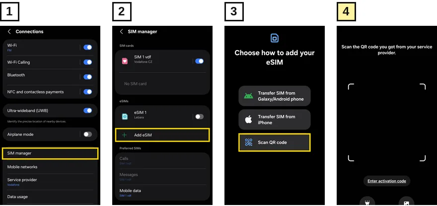 Přidání eSIM na telefonu Samsung Galaxy: Připojení, Správce SIM, Přidat eSIM, Naskenovat QR kód