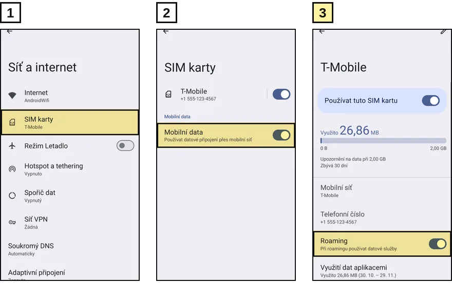 Nastavení Androidu pro cestovní eSIM: zapnutá mobilní data a roaming