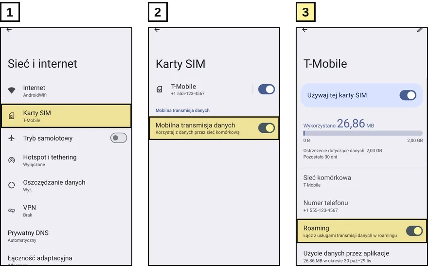 Ustawienia Androida dla eSIM na podróż: włączone dane komórkowe i roaming